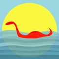 Loch Ness Nessy fictional creature. Water monster with eye, tail Swimming floating Sea ocean wave sunset. Dinosaur shape. Cute car