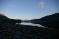 Loch sunrise rays on the mountains