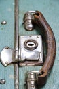 Lock and brown leather handle old vintage suitcase. Royalty Free Stock Photo