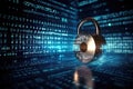 A lock on a cyber security background prevents hacking in the network created with generative AI technology