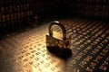 A lock on a cyber security background prevents hacking in the network created with generative AI technology