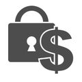 Lock and dollar solid icon. Money safety, safe bank symbol, glyph style pictogram on white background. Business or Royalty Free Stock Photo