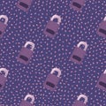 Lock door silhouettes seamless doodle pattern. Stylized security graphic ornament in purple color on navy blue dotted background Royalty Free Stock Photo