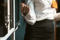 Lock down concept. Busy woman handcuffed in office. Locked businesswoman with memory label need to work. Crisis concept Royalty Free Stock Photo