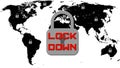 LOCK DOWN concept - red lettering on black world map background with symbolic closed padlocks