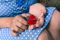 Lock in the form of a heart with a key. A young girl holds a small castle in her hand. Romance, love and relationships Royalty Free Stock Photo