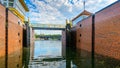 Lock gates of the water dam in river Royalty Free Stock Photo