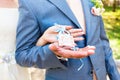The lock in hands of newlyweds Royalty Free Stock Photo