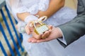 Lock in the hands of the newlyweds. Royalty Free Stock Photo