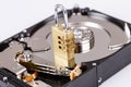 Lock on hdd or harddrive, part of computer, cyber security concept Royalty Free Stock Photo