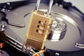 Lock on hdd or harddrive, part of computer, cyber security concept Royalty Free Stock Photo