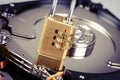 Lock on hdd or harddrive, part of computer, cyber security concept