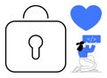 Programmer Kneeling with Code Against Heart Icon and Lock Illustrating Security and Passion for Coding Royalty Free Stock Photo