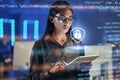 Lock hologram, tablet and woman with data analysis safety, software overlay and cyber security coding at night. Html Royalty Free Stock Photo