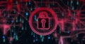 Lock icon and binary code, cybersecurity image over digital background