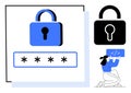 Secure login interface with lock icon, password field, and developer working on coding security systems Royalty Free Stock Photo