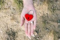 Lock and key in hand. Red metal lock in the form of a heart. Lock of love and key in the shape of a heart on a female palm Royalty Free Stock Photo