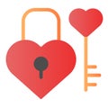 Lock and key in heart shape flat icon. Love padlock and key color icons in trendy flat style. Valentine lock gradient