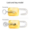 Lock and key model. The correct and incorrect keys Royalty Free Stock Photo