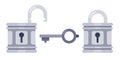 Lock and key. Open and locked locks, safety padlock keyhole flat vector illustration