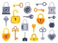 Lock with keys. Golden key, access padlock and closed safe padlocks isolated flat vector set Royalty Free Stock Photo