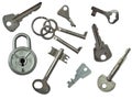 Lock and many keys of different shapes isolated on a white background Royalty Free Stock Photo