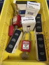 Lock out tag out locks locks in a yellow tote