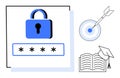 Digital security concepts with lock, target, and open book with graduation cap Royalty Free Stock Photo