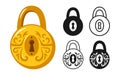 Lock round golden vintage icon set old padlock safety security symbol protection metal shiny sign
