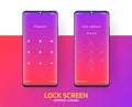 Lock screen smartphone interface vector template, Mobile app page purple gradient design layout, Flat UI for application Royalty Free Stock Photo