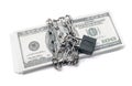 Lock security and chain on dollar stack banknotes isolated on white background Royalty Free Stock Photo