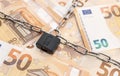 Lock security and chain on euro banknotes background Royalty Free Stock Photo