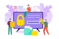 Lock security by password key in computer, web internet protection for flat information safety vector illustration