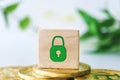 Lock security sign on wooden cube on top of gold coin money with white clean background. Business financial fintech technology Royalty Free Stock Photo