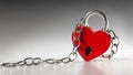 Lock in the shape of a red heart with chains. Love in wedlock, marriage, or Valentine`s Day concept