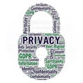 Lock-shaped word cloud featuring terms related to privacy and security Royalty Free Stock Photo