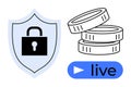 Digital Security Shield, Coins, and Live Button Representing Financial and Streaming Protection Royalty Free Stock Photo