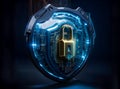 Lock and shield. Concept of data security, cybersecurity, cyber defense