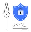 Lock on shield beside corn stalk symbolizing data security in agriculture and farming Royalty Free Stock Photo