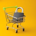 Lock in a shopping cart on a yellow background.