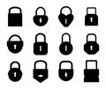 Lock silhouette. Black padlock shapes for logo. Modern and vintage graphic template. Protective interlock mechanisms