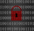 Lock symbol illustration on digital bits grid background pattern -- data security or ransomware concept