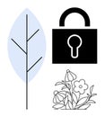 Lock symbol with leaf and blooming flowers emphasizing balance between security and nature Royalty Free Stock Photo