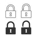 Lock and unlock vector icon. Padlock open and closed sign. Log in and log out symbol.