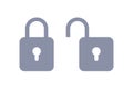 Lock and unlock icons, open and closed gray padlock security symbol with keyholes