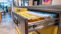 Lockable cabinet drawer slightly open revealing tightly packed paper documents focus on folder labels blurred shelving Royalty Free Stock Photo