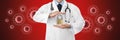 Lockdown concept doctor hands with padlock isolated on red background with corona virus symbols icons copy space and web banner