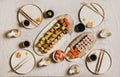 Flat-lay of Japanese salmon prawn crab and vegan rolls