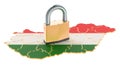 Lockdown in Hungary. Padlock with map, border protection concept. 3D rendering