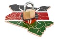 Lockdown in Kenya. Padlock with map, border protection concept. 3D rendering
